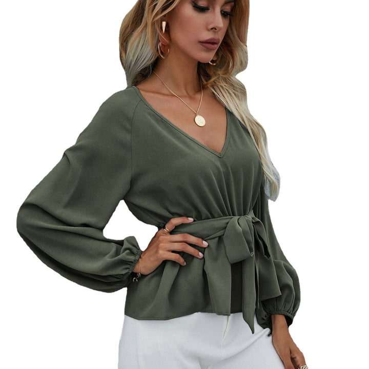 Women's Fashion New Solid Color And V-Neck Long Sleeve Waist-Lace-up