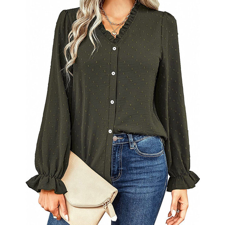 Women's Temperament V-neck Single Row Multi-button Flared Sleeve Loose Long-sleeved Shirt